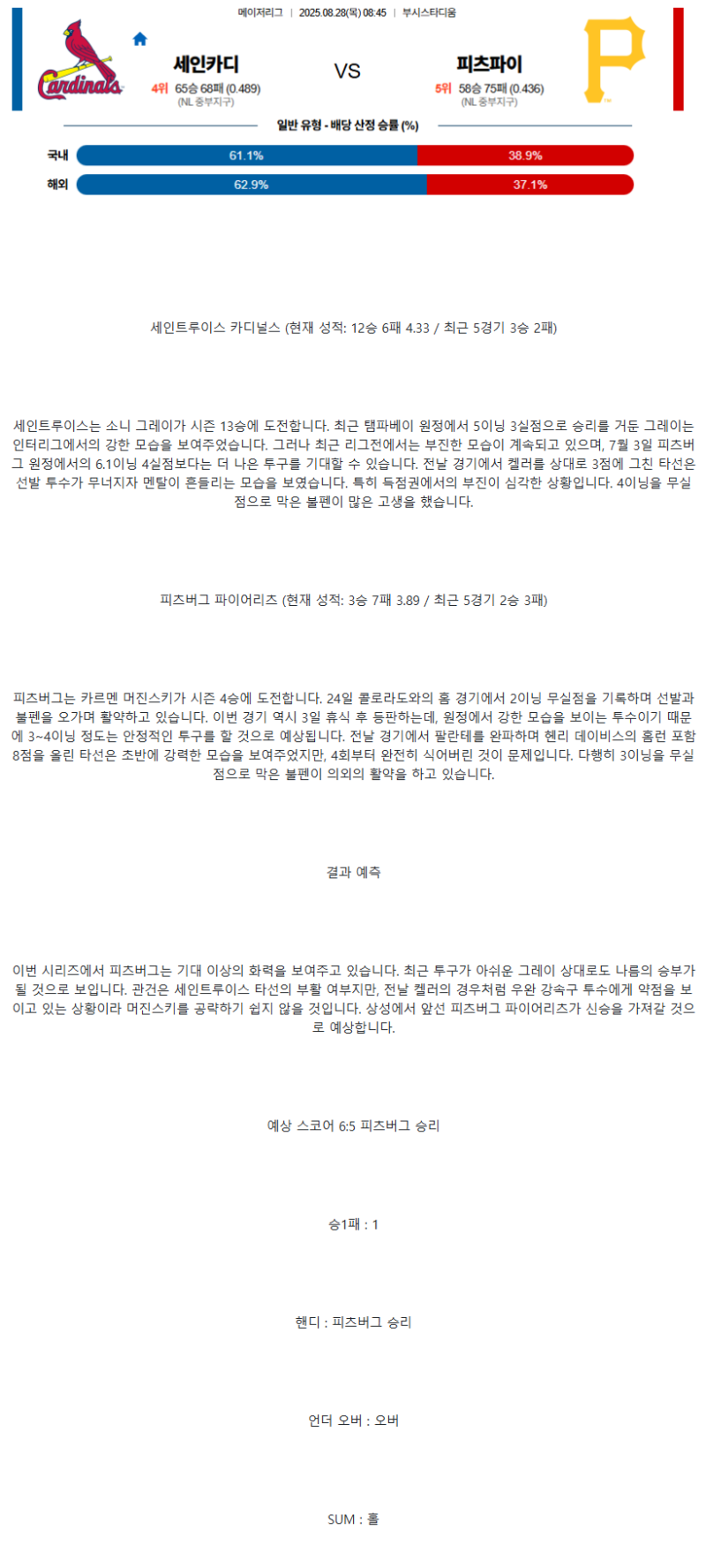 2025년 08월 28일 세인트루이스 피츠버그 MLB 분석 및 중계 올스티비