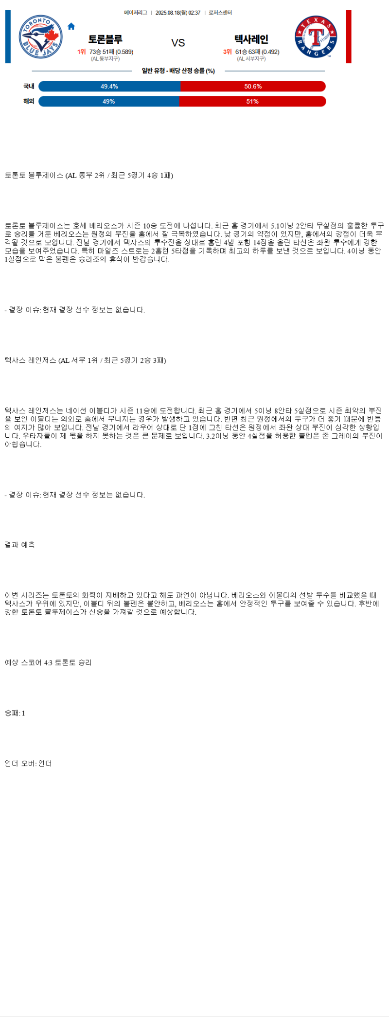 2025년 08월 18일 토론토 텍사스 미국야구 중계 및 분석 올스티비