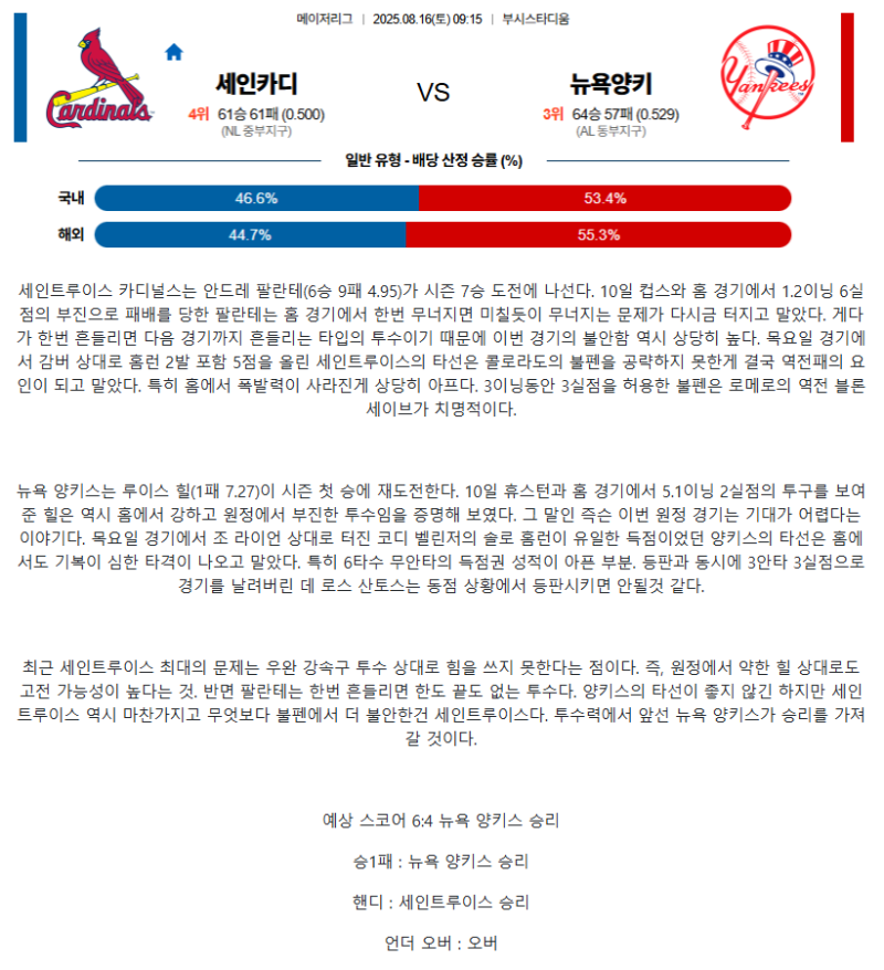 2025년 08월 16일 세인트루이스 뉴욕양키스 미국야구 중계 및 분석 올스티비