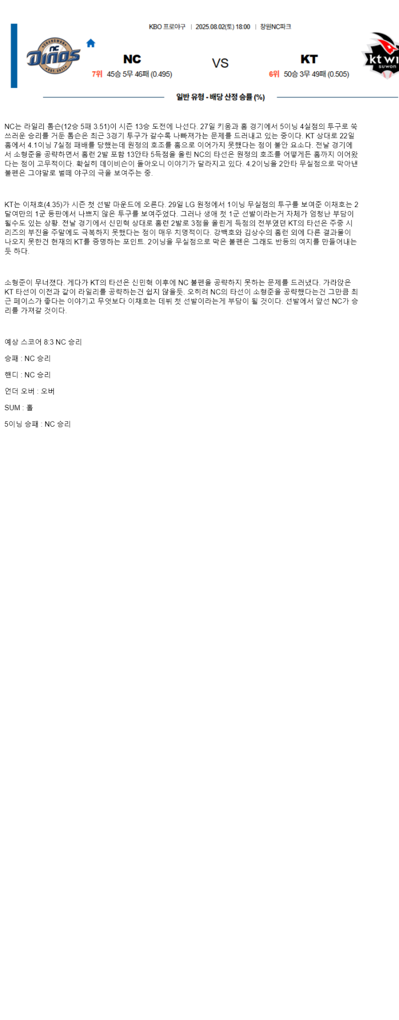 2025년 08월 02일 NC KT 한국야구 중계 및 분석 올스티비