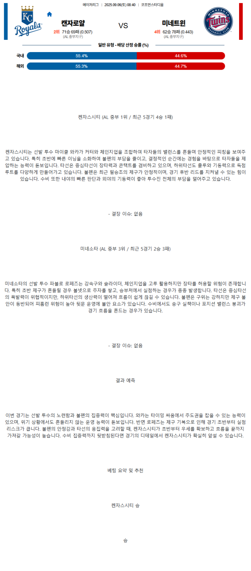 2025년 09월 06일 캔자스시티 미네소타 MLB 중계 및 분석 올스티비