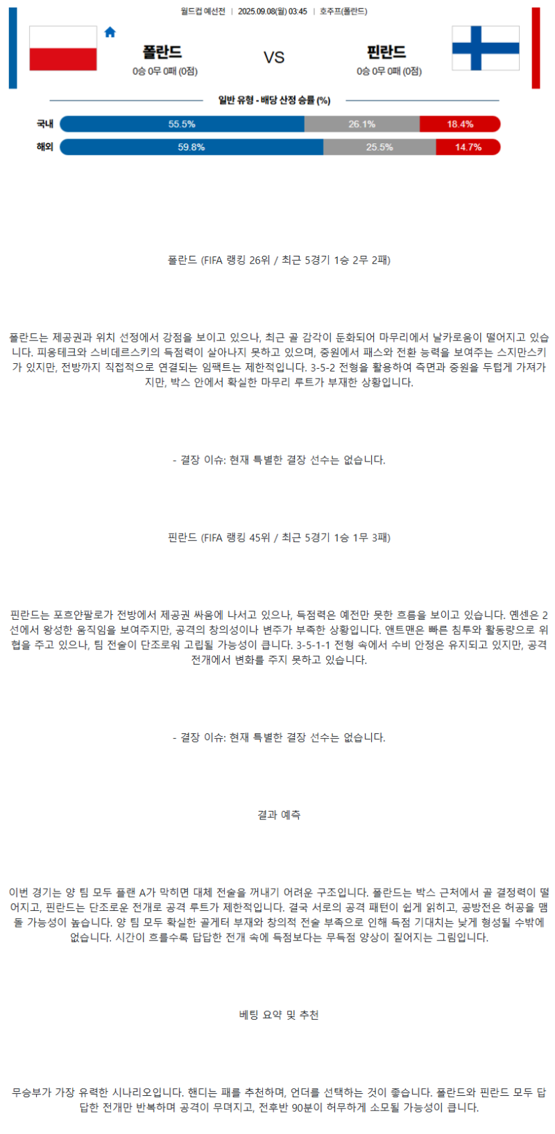 2025년 09월 08일 폴란드 핀란드 스포츠 분석 및 중계 올스티비