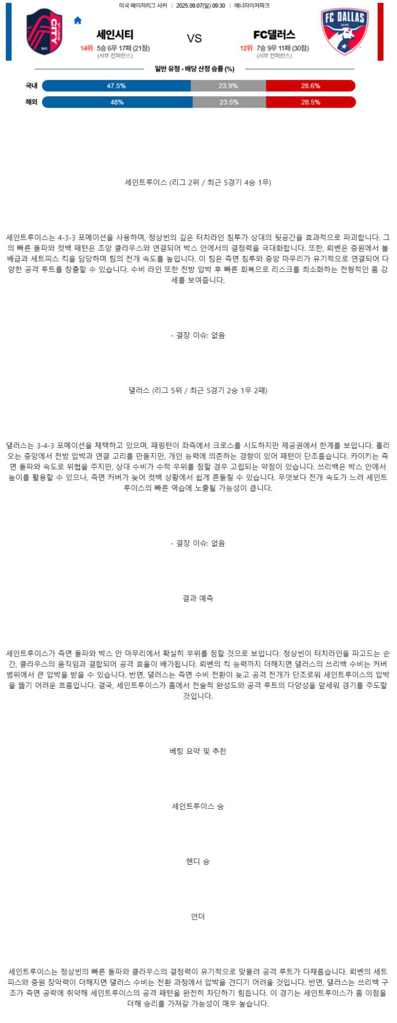 2025년 09월 07일 세인트루이스 댈러스 해외스포츠 중계 및 분석 올스티비