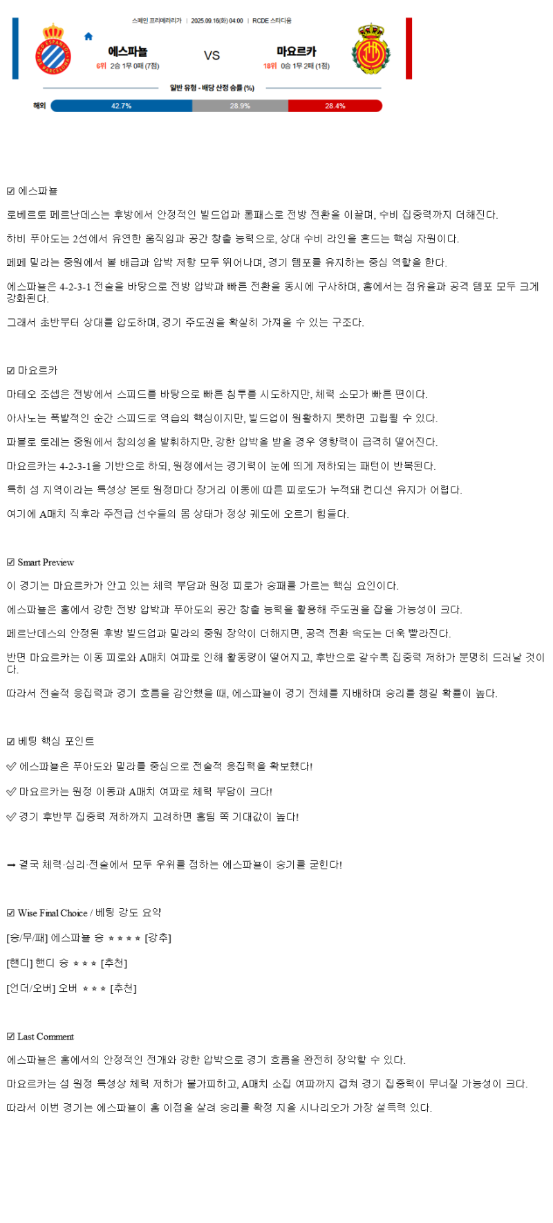 2025년 09월 16일 에스파뇰 마요르카 스포츠 분석 및 중계 올스티비