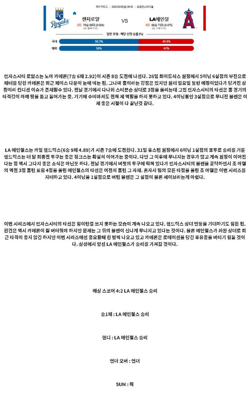 2025년 09월 05일 캔자스시티 LA에인절스 해외야구 분석 및 중계 올스티비