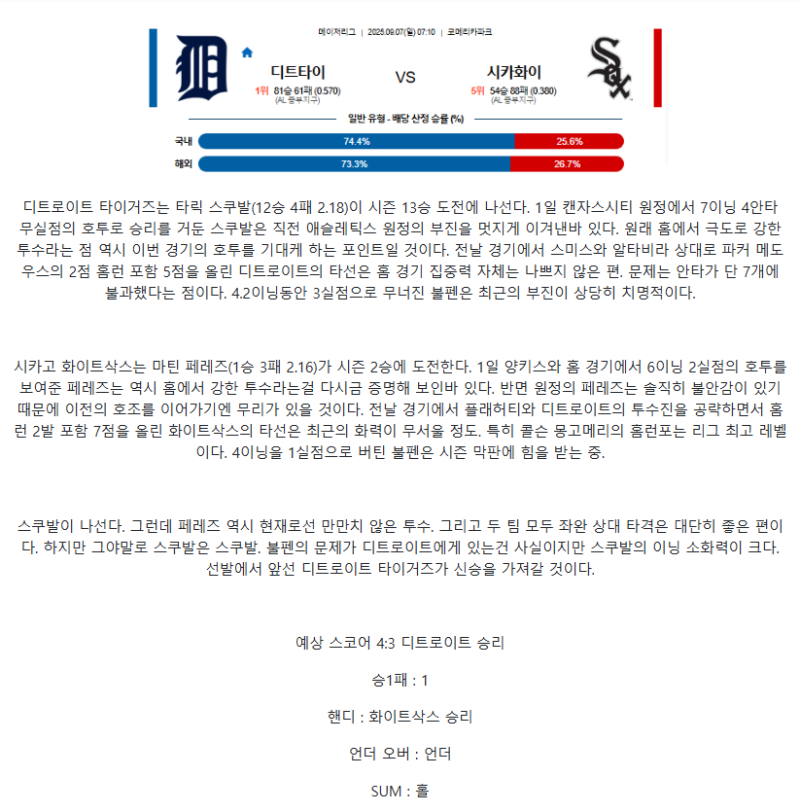 2025년 09월 07일 디트로이트 시카고W MLB 중계 및 분석 올스티비