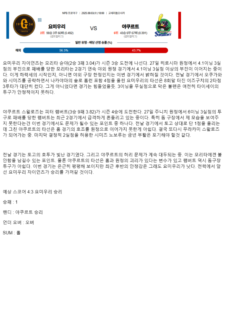 2025년 09월 03일 요미우리 야쿠르트 NPB 분석 및 중계 올스티비