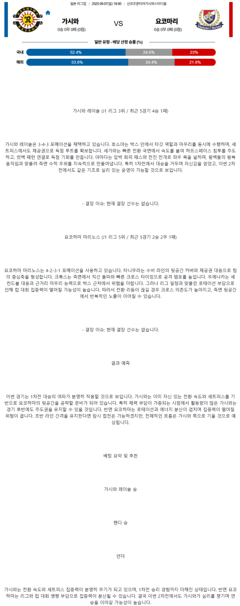 2025년 09월 07일 가시와 레이솔 요코하마 마리노스 해외스포츠 분석 및 중계 올스티비