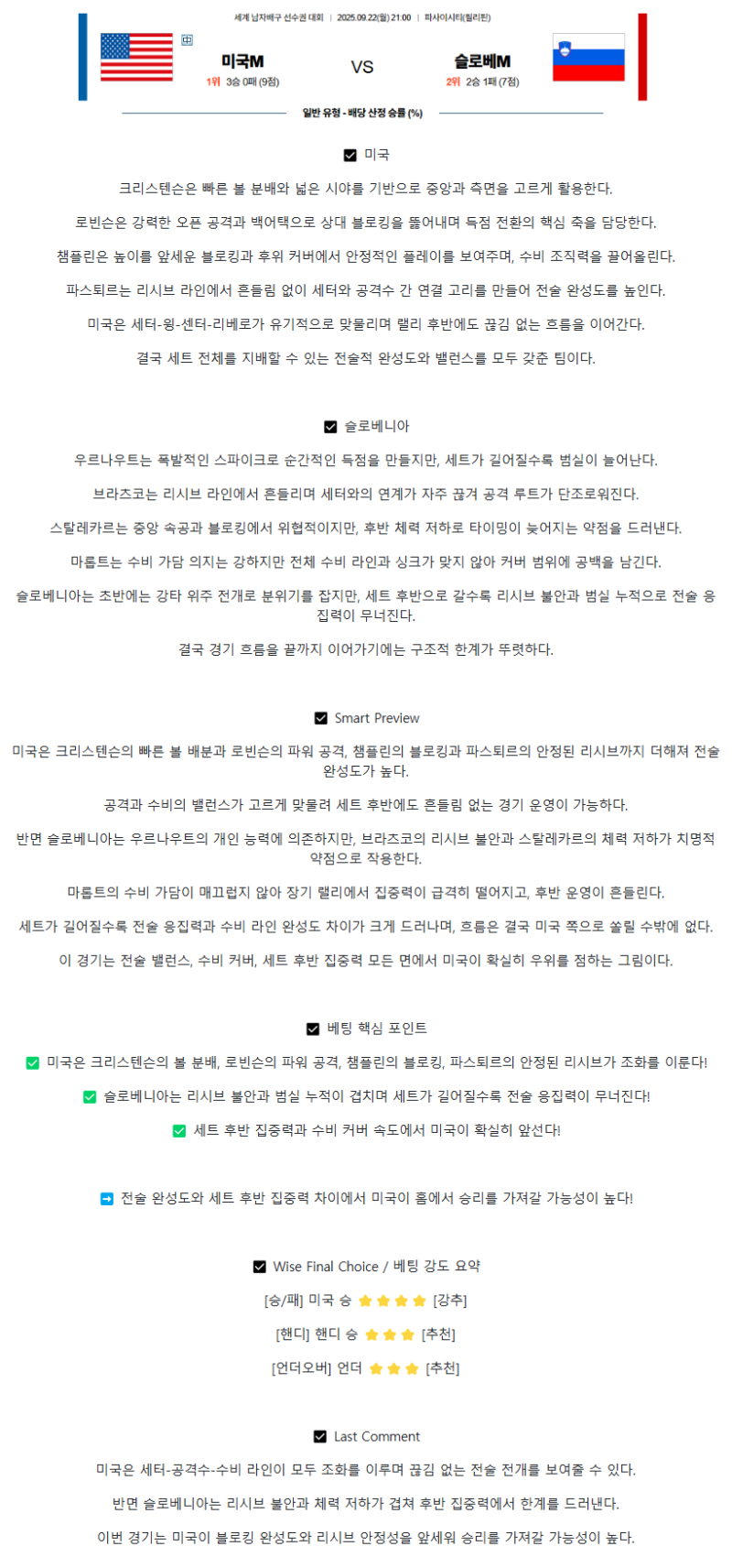 2025년 09월 22일 미국 슬로베니아 배구 중계 및 분석 올스티비