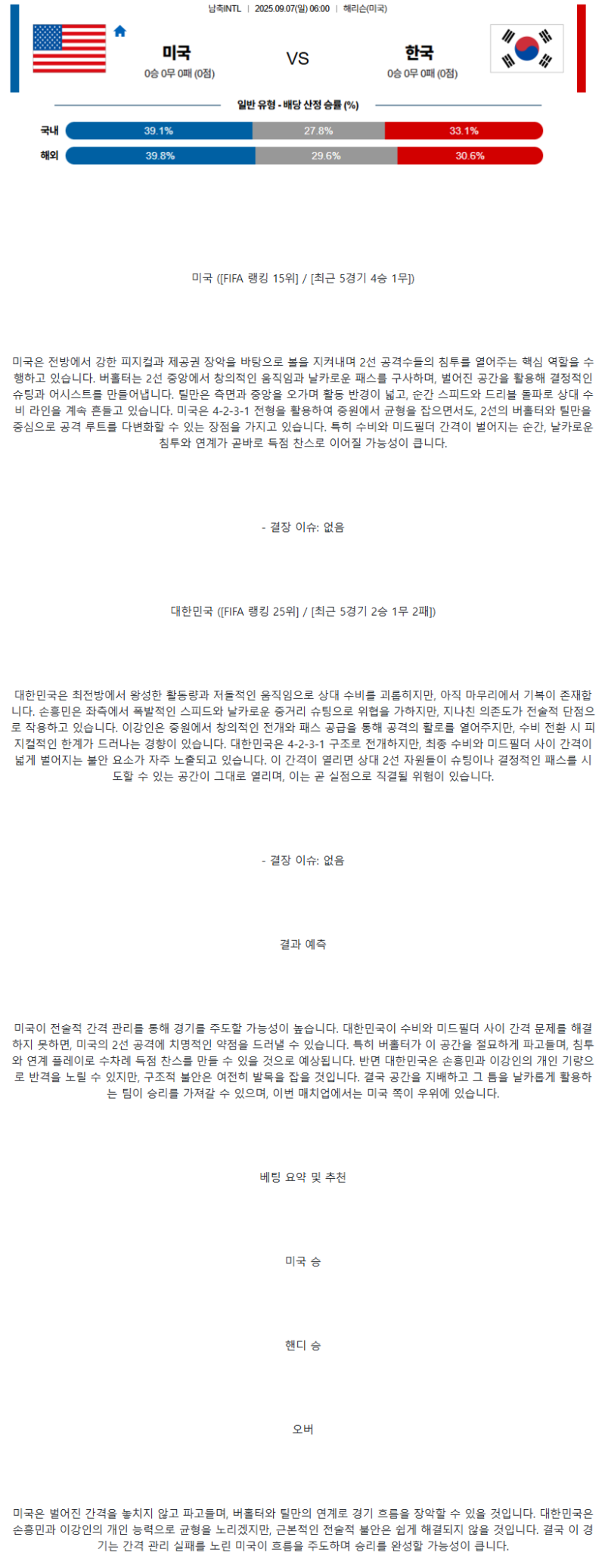 2025년 09월 07일 미국 대한민국 해외축구 분석 및 중계 올스티비