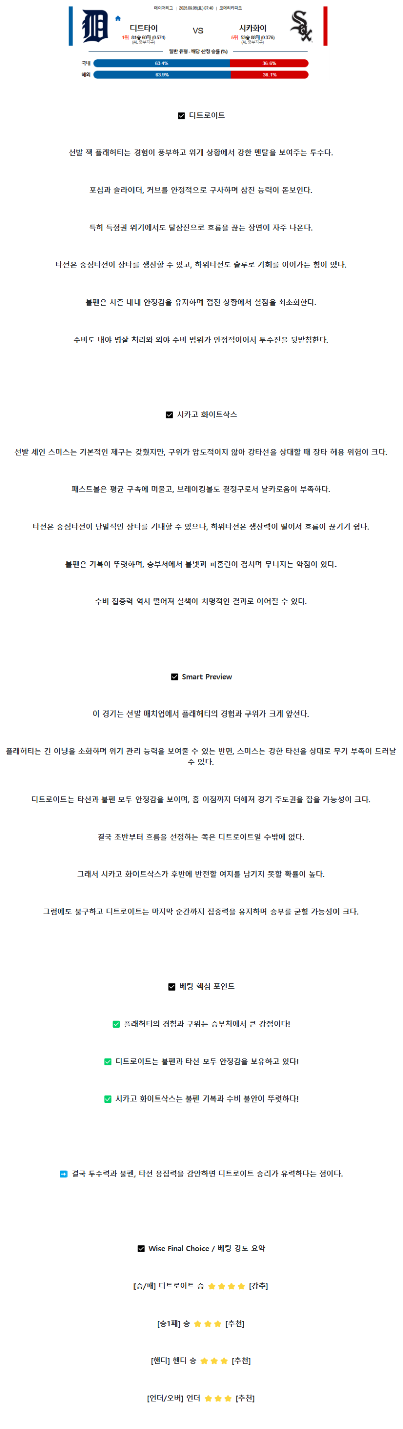 2025년 09월 06일 디트로이트 시카고W 해외야구 중계 및 분석 올스티비