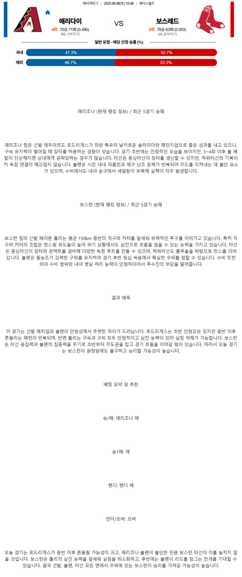 2025년 09월 06일 애리조나 보스턴 MLB 분석 및 중계 올스티비