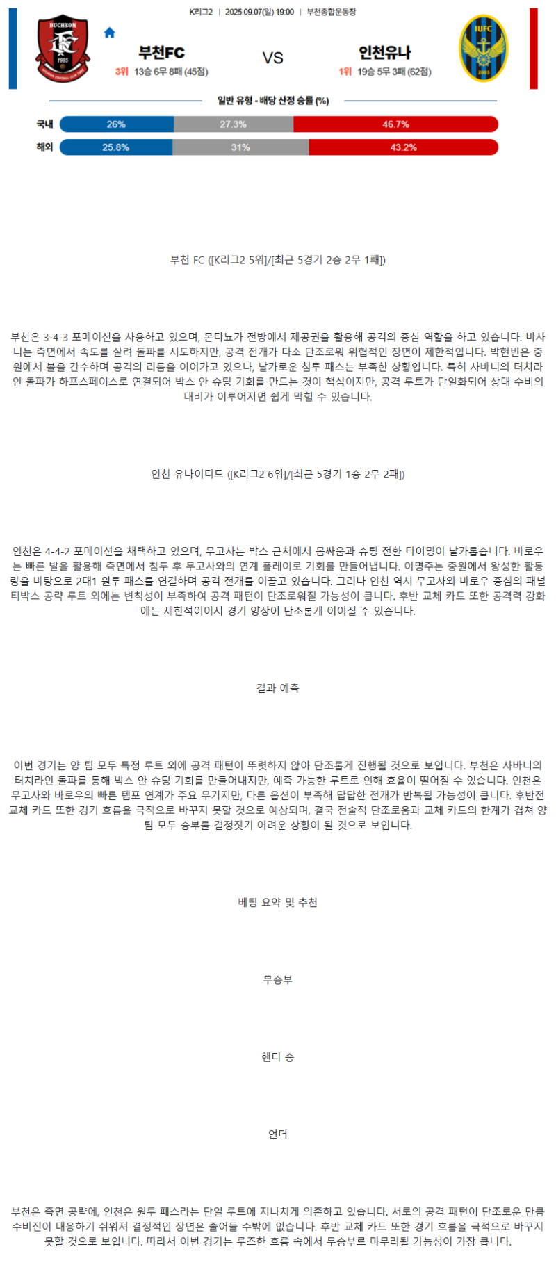 2025년 09월 07일 부천 인천 국내축구 중계 및 분석 올스티비