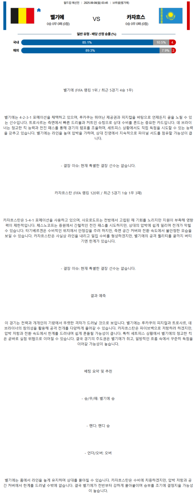 2025년 09월 08일 벨기에 카자흐스탄 스포츠 분석 및 중계 올스티비