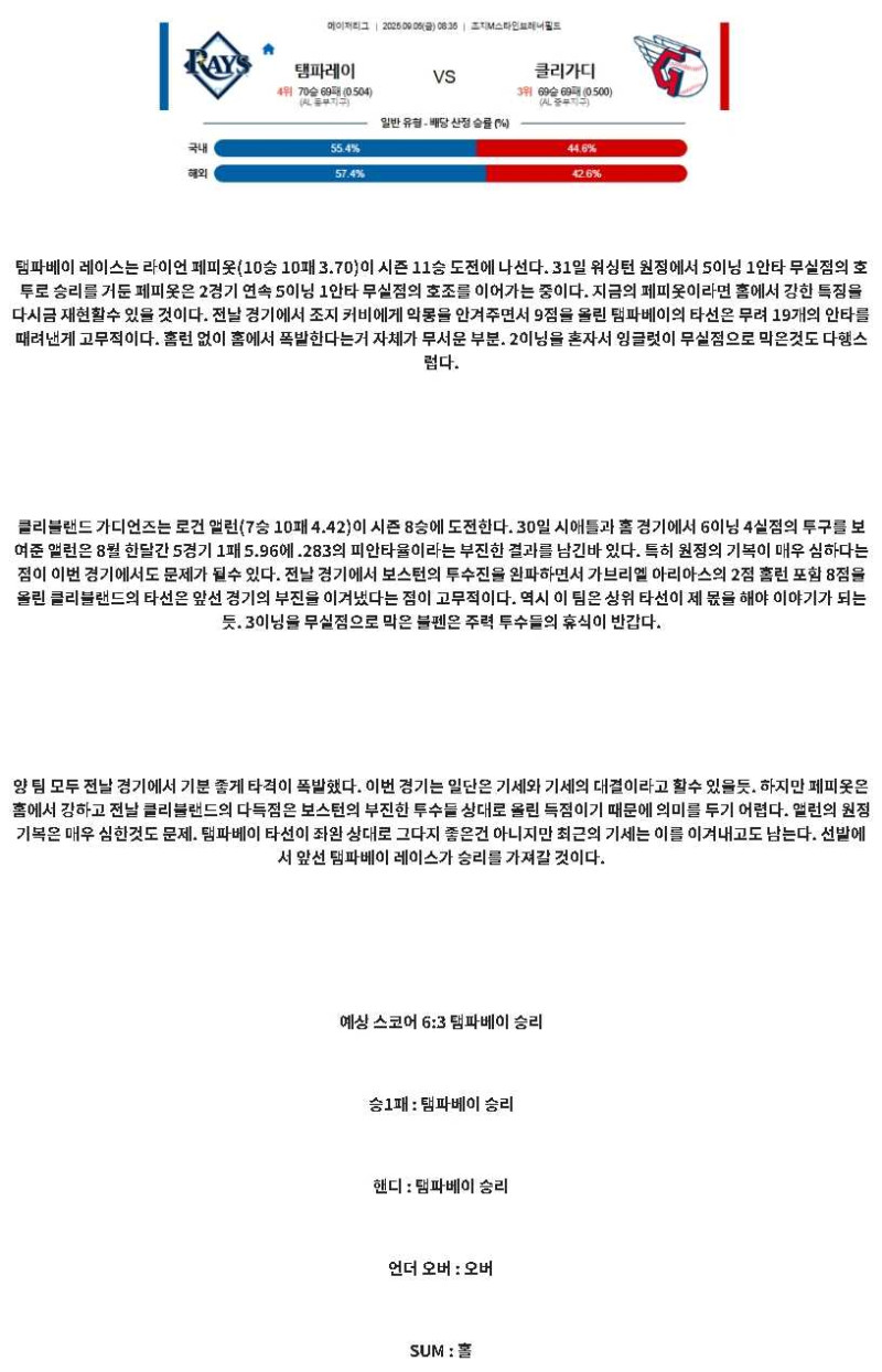 2025년 09월 05일 탬파베이 클리블랜드 미국야구 중계 및 분석 올스티비