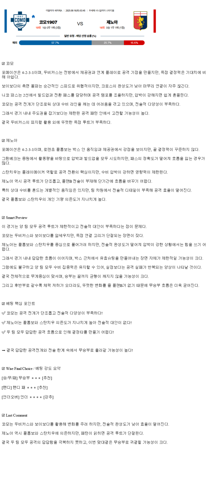 2025년 09월 16일 코모 제노아 스포츠 중계 및 분석 올스티비