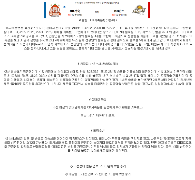 2025년 11월 18일 OK저축은행 KB손해보험 배구 중계 및 분석 올스티비