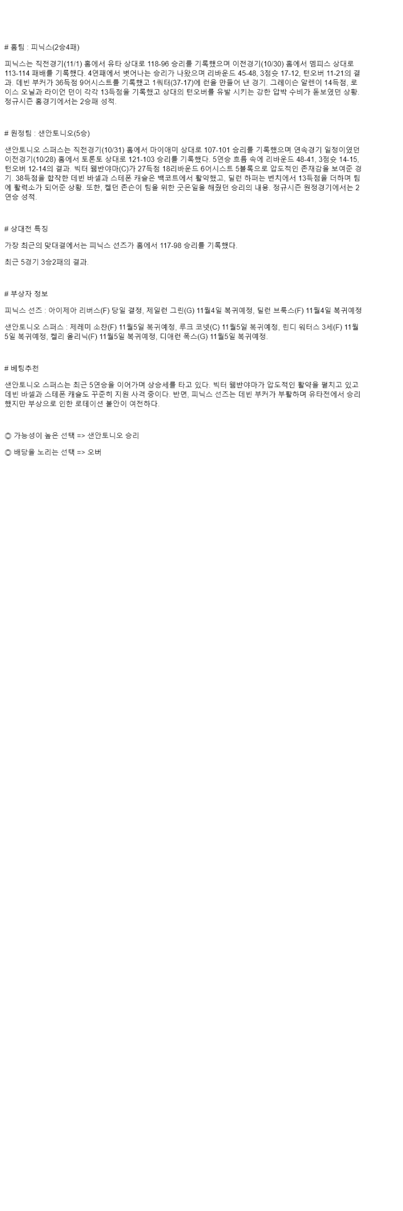 2025년 11월 03일 피닉스 샌안토니오 해외농구 중계 및 분석 올스티비