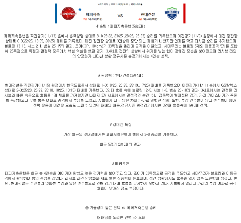 2025년 11월 18일 페퍼저축은행 현대건설 배구 분석 및 중계 올스티비