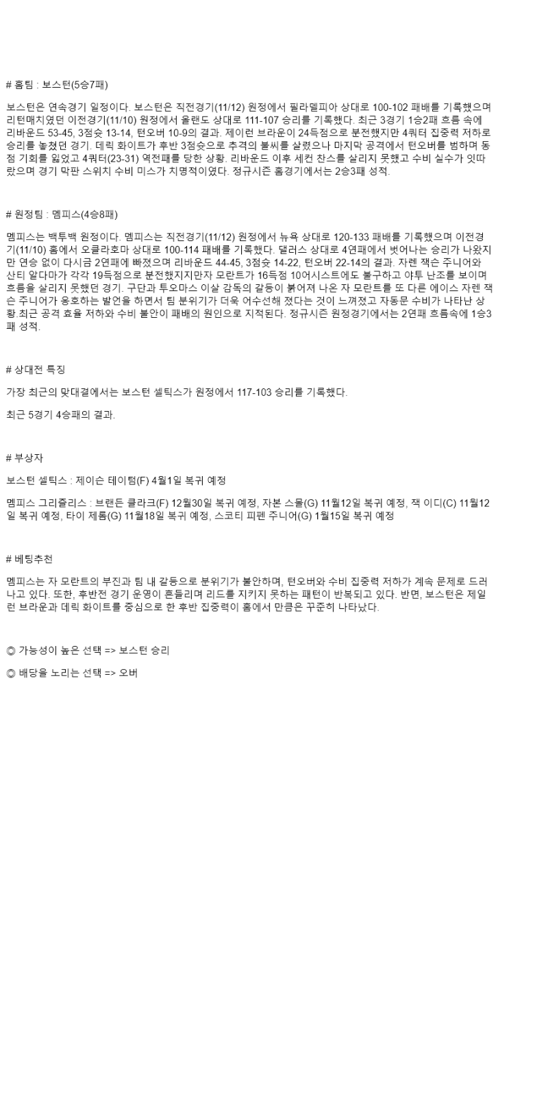 2025년 11월 13일 보스턴 멤피스 해외농구 중계 및 분석 올스티비
