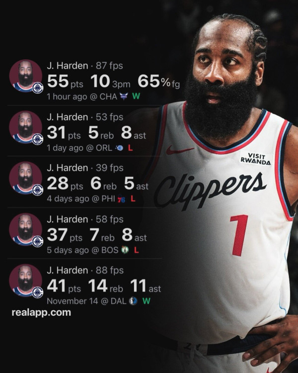 하든 최근 5경기 스탯